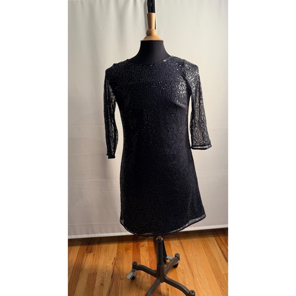 Ann Taylor Black Sequin Lace Shift Dress 3/4 Sleeve Size 6 Evening Cocktail